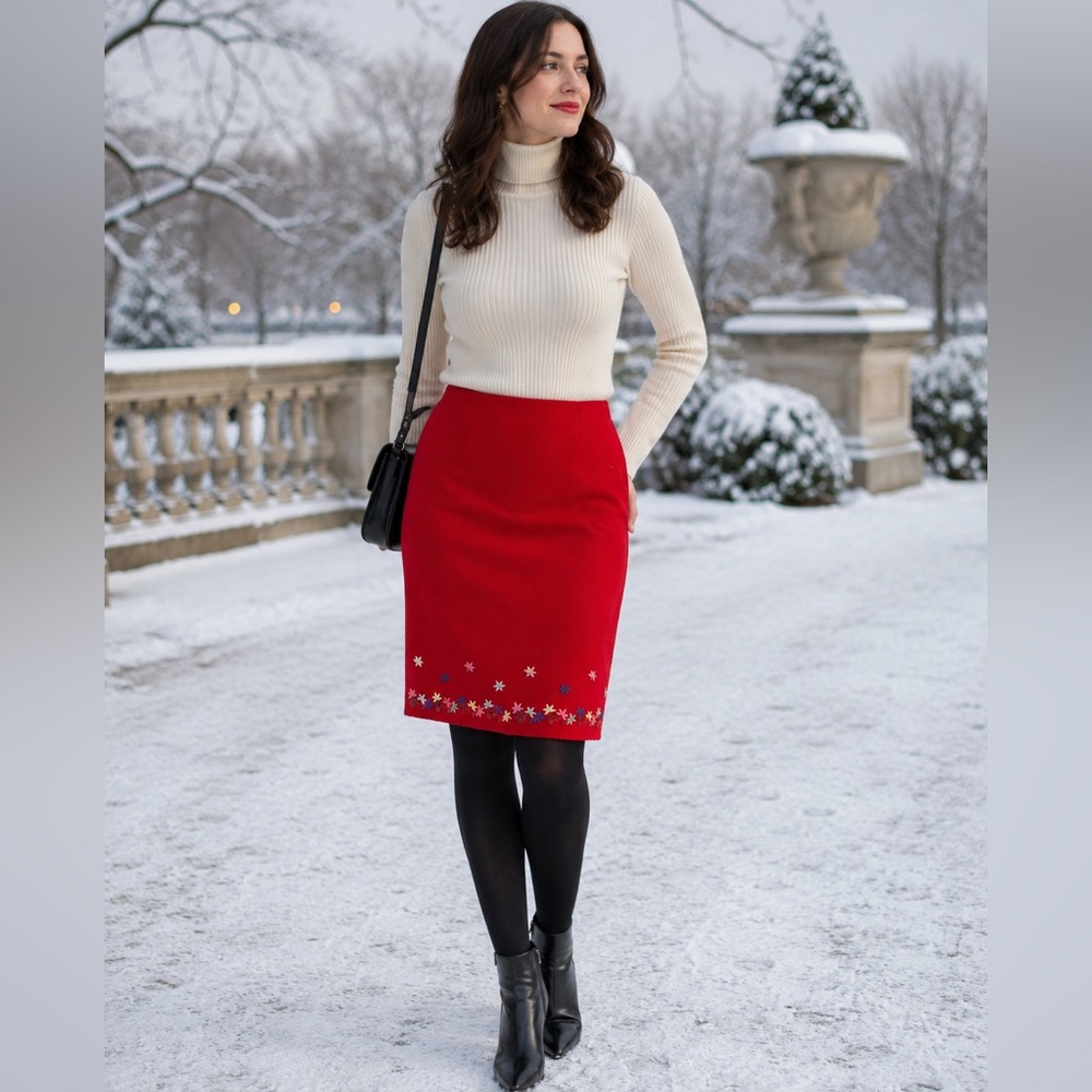 100% Red Wool Pencil Skirt | Floral Accents Sz 6 | Lined | By Classiques Entier